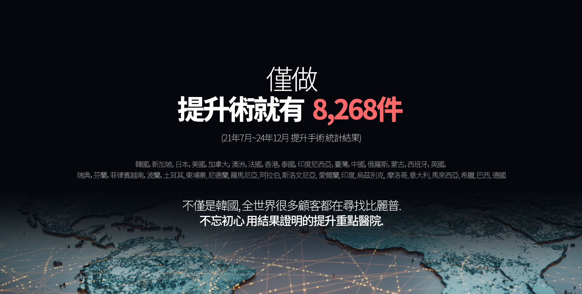 僅做 提升術就有 7.714件 （21年7月~24年4月 提升手術 統計結果） 韓國，新加坡，日本，美國，加拿大，澳洲，法國，香港，泰國，印度尼西亞，臺灣，中國，俄羅斯，蒙古，西班牙，英國，瑞典，芬蘭，菲律賓越南，波蘭，土耳其、柬埔寨、尼德蘭、羅馬尼亞、阿拉伯、斯洛文尼亞、愛爾蘭、印度、烏茲別克;摩洛哥;意大利;馬來西亞;希臘;巴西;德國 不僅是韓國,全世界很多顧客都在尋找比麗普 不忘初心 用結果證明的提升重點醫院