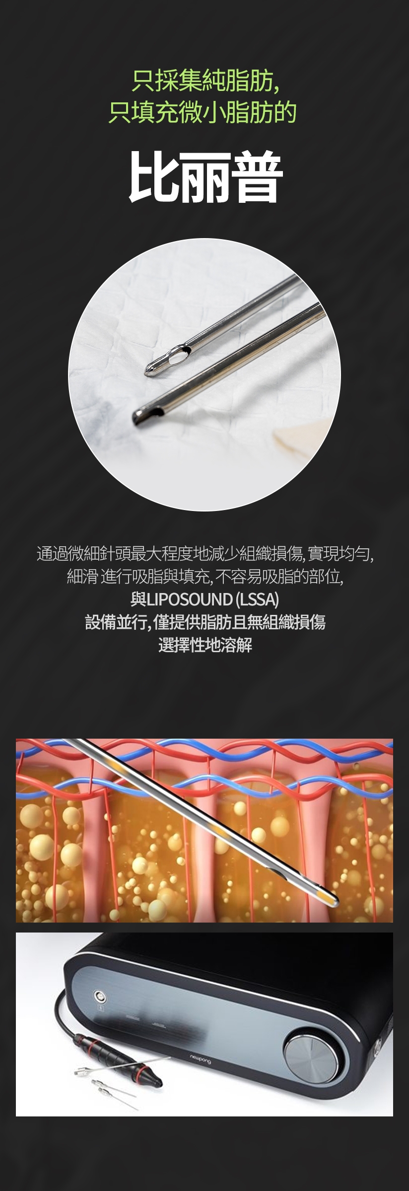 只採集純脂肪， 只填充微小脂肪的 比丽普 通過微細針頭最大程度地減少組織損傷，實現均勻、細滑 進行吸脂與填充，不容易吸脂的部位， 與LIPOSOUND（LSSA）設備並行，僅提供脂肪且無組織損傷 選擇性地溶解