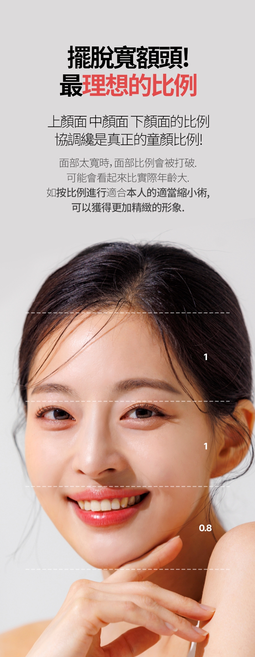 擺脫寬額頭！最理想的比例 上顏面 中顏面 下顏面的比例 協調纔是真正的童顏比例！ 面部太寬時，面部比例會被打破。可能會看起來比實際年齡大。如按比例進行適合本人的適當縮小術，可以獲得更加精緻的形象。